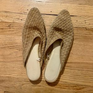 Zara Low Heel Open Back Woven Split Leather Mules